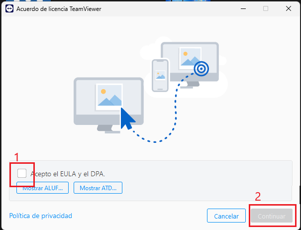 Casilla Acepto el EULA y el DPA en TeamViewer