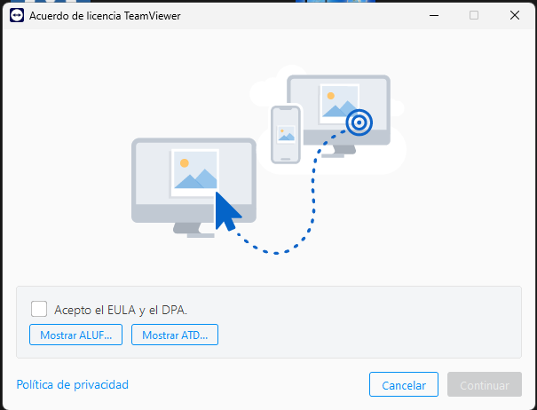 Botón Continuar en TeamViewer
